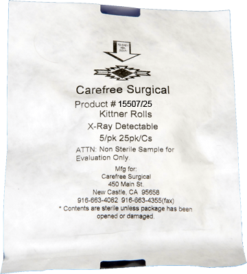 Small Kittner Roll gauze sponge 15507 with retract cord in sterile packaging.