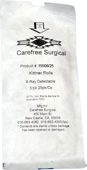 Kittner Roll gauze sponge 15508 with retract cord in sterile packaging.